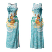 Ura Cook Islands Family Matching Tank Maxi Dress and Hawaiian Shirt Kuki 'Airani Traditional Dance Tropical Vibes LT14 Mom's Dress Cyan - Polynesian Pride