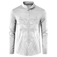 Peniamina Gospel Day Niue Button Sweatshirt Cross Dove Hiapo Pattern White LT14 White - Polynesian Pride