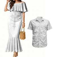Peniamina Gospel Day Niue Couples Matching Mermaid Dress and Hawaiian Shirt Cross Dove Hiapo Pattern White LT14 White - Polynesian Pride