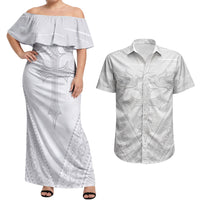 Peniamina Gospel Day Niue Couples Matching Off Shoulder Maxi Dress and Hawaiian Shirt Cross Dove Hiapo Pattern White LT14 White - Polynesian Pride