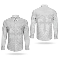 Peniamina Gospel Day Niue Couples Matching Off Shoulder Maxi Dress and Long Sleeve Button Shirt Cross Dove Hiapo Pattern White LT14 - Polynesian Pride