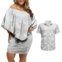 Peniamina Gospel Day Niue Couples Matching Off Shoulder Short Dress and Hawaiian Shirt Cross Dove Hiapo Pattern White LT14 White - Polynesian Pride