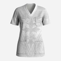 Peniamina Gospel Day Niue Scrub Top Cross Dove Hiapo Pattern White LT14 Adult White - Polynesian Pride