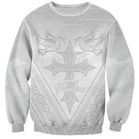 Peniamina Gospel Day Niue Sweatshirt Cross Dove Hiapo Pattern White