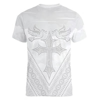 Peniamina Gospel Day Niue Women V-Neck T-Shirt Cross Dove Hiapo Pattern White LT14 - Polynesian Pride