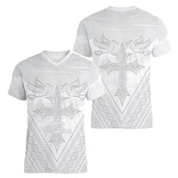 Peniamina Gospel Day Niue Women V-Neck T-Shirt Cross Dove Hiapo Pattern White LT14 - Polynesian Pride