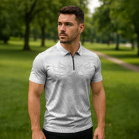 Peniamina Gospel Day Niue Zipper Polo Shirt Cross Dove Hiapo Pattern White LT14 - Polynesian Pride