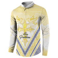 Peniamina Gospel Day Niue Button Sweatshirt Cross Dove Hiapo Pattern Yellow LT14 - Polynesian Pride