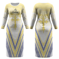 Peniamina Gospel Day Niue Couples Matching Long Sleeve Bodycon Dress and Long Sleeve Button Shirt Cross Dove Hiapo Pattern Yellow LT14 - Polynesian Pride