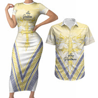 Peniamina Gospel Day Niue Couples Matching Short Sleeve Bodycon Dress and Hawaiian Shirt Cross Dove Hiapo Pattern Yellow LT14 Yellow - Polynesian Pride