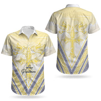 Peniamina Gospel Day Niue Couples Matching Short Sleeve Bodycon Dress and Hawaiian Shirt Cross Dove Hiapo Pattern Yellow LT14 - Polynesian Pride