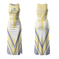 Peniamina Gospel Day Niue Couples Matching Tank Maxi Dress and Long Sleeve Button Shirt Cross Dove Hiapo Pattern Yellow LT14 - Polynesian Pride