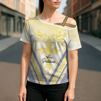 Peniamina Gospel Day Niue Cross Shoulder Shirt Cross Dove Hiapo Pattern Yellow LT14 - Polynesian Pride