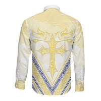 Peniamina Gospel Day Niue Long Sleeve Button Shirt Cross Dove Hiapo Pattern Yellow LT14 - Polynesian Pride