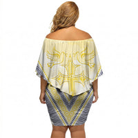 Peniamina Gospel Day Niue Off Shoulder Short Dress Cross Dove Hiapo Pattern Yellow LT14 - Polynesian Pride