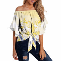 Peniamina Gospel Day Niue Off Shoulder Wrap Waist Top Cross Dove Hiapo Pattern Yellow