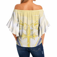 Peniamina Gospel Day Niue Off Shoulder Wrap Waist Top Cross Dove Hiapo Pattern Yellow