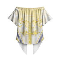 Peniamina Gospel Day Niue Off Shoulder Wrap Waist Top Cross Dove Hiapo Pattern Yellow
