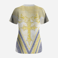 Peniamina Gospel Day Niue Scrub Top Cross Dove Hiapo Pattern Yellow LT14 - Polynesian Pride