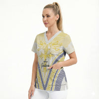 Peniamina Gospel Day Niue Scrub Top Cross Dove Hiapo Pattern Yellow LT14 - Polynesian Pride
