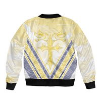 Peniamina Gospel Day Niue Sleeve Zip Bomber Jacket Cross Dove Hiapo Pattern Yellow LT14 - Polynesian Pride