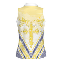 Peniamina Gospel Day Niue Women Sleeveless Polo Shirt Cross Dove Hiapo Pattern Yellow LT14 - Polynesian Pride