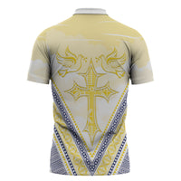 Peniamina Gospel Day Niue Zipper Polo Shirt Cross Dove Hiapo Pattern Yellow LT14 - Polynesian Pride