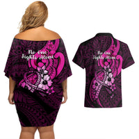 Polynesia Breast Cancer Awareness Couples Matching Off Shoulder Short Dress and Hawaiian Shirt Think Pink Polynesian Ribbon Black Version LT14 - Polynesian Pride