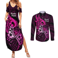 Polynesia Breast Cancer Awareness Couples Matching Summer Maxi Dress and Long Sleeve Button Shirts Think Pink Polynesian Ribbon Black Version LT14 Pink - Polynesian Pride