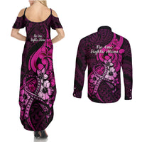 Polynesia Breast Cancer Awareness Couples Matching Summer Maxi Dress and Long Sleeve Button Shirts Think Pink Polynesian Ribbon Black Version LT14 - Polynesian Pride