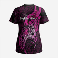 Polynesia Breast Cancer Awareness Scrub Top Think Pink Polynesian Ribbon Black Version - Polynesian Pride