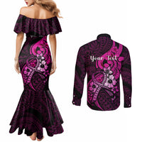 Personalised Polynesia Breast Cancer Awareness Couples Matching Mermaid Dress and Long Sleeve Button Shirts Think Pink Polynesian Ribbon Black Version LT14 - Polynesian Pride
