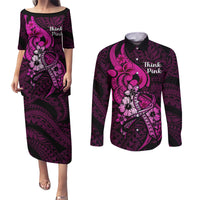 Personalised Polynesia Breast Cancer Awareness Couples Matching Puletasi Dress and Long Sleeve Button Shirts Think Pink Polynesian Ribbon Black Version LT14 Pink - Polynesian Pride