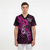 Personalised Polynesia Breast Cancer Awareness Scrub Top Think Pink Polynesian Ribbon Black Version - Polynesian Pride