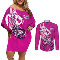 Polynesia Breast Cancer Awareness Couples Matching Off Shoulder Short Dress and Long Sleeve Button Shirts Think Pink Polynesian Ribbon White Version LT14 Pink - Polynesian Pride