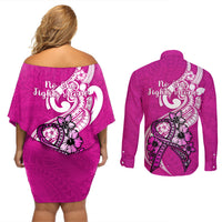 Polynesia Breast Cancer Awareness Couples Matching Off Shoulder Short Dress and Long Sleeve Button Shirts Think Pink Polynesian Ribbon White Version LT14 - Polynesian Pride