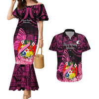 Presonalised Tonga Breast Cancer Awareness Couples Matching Mermaid Dress and Hawaiian Shirt Pink Ribbon Brave Strong Warrior Tongan Ngatu Pattern LT14 Pink - Polynesian Pride