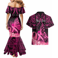 Presonalised Tonga Breast Cancer Awareness Couples Matching Mermaid Dress and Hawaiian Shirt Pink Ribbon Brave Strong Warrior Tongan Ngatu Pattern LT14 - Polynesian Pride