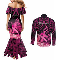 Presonalised Tonga Breast Cancer Awareness Couples Matching Mermaid Dress and Long Sleeve Button Shirts Pink Ribbon Brave Strong Warrior Tongan Ngatu Pattern LT14 - Polynesian Pride