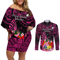 Presonalised Tonga Breast Cancer Awareness Couples Matching Off Shoulder Short Dress and Long Sleeve Button Shirts Pink Ribbon Brave Strong Warrior Tongan Ngatu Pattern LT14 Pink - Polynesian Pride