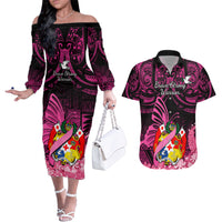 presonalised-tonga-breast-cancer-awareness-couples-matching-off-the-shoulder-long-sleeve-dress-and-hawaiian-shirt-pink-ribbon-brave-strong-warrior-tongan-ngatu-pattern