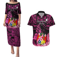 Presonalised Tonga Breast Cancer Awareness Couples Matching Puletasi Dress and Hawaiian Shirt Pink Ribbon Brave Strong Warrior Tongan Ngatu Pattern LT14 Pink - Polynesian Pride