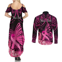 Presonalised Tonga Breast Cancer Awareness Couples Matching Summer Maxi Dress and Long Sleeve Button Shirts Pink Ribbon Brave Strong Warrior Tongan Ngatu Pattern LT14 - Polynesian Pride