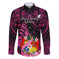 Presonalised Tonga Breast Cancer Awareness Family Matching Mermaid Dress and Hawaiian Shirt Pink Ribbon Brave Strong Warrior Tongan Ngatu Pattern LT14 Dad's Shirt - Long Sleeve Pink - Polynesian Pride