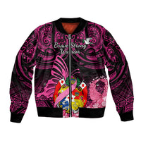 presonalised-tonga-breast-cancer-awareness-sleeve-zip-bomber-jacket-pink-ribbon-brave-strong-warrior-tongan-ngatu-pattern