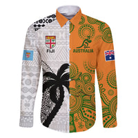 Fiji And Australia Rugby Family Matching Puletasi Dress and Hawaiian Shirt 2023 World Cup Aboriginal Mix Tapa Pattern LT14 Dad's Shirt - Long Sleeve Gold - Polynesian Pride