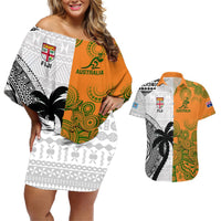 Custom Fiji And Australia Rugby Couples Matching Off Shoulder Short Dress and Hawaiian Shirt 2023 World Cup Aboriginal Mix Tapa Pattern LT14 Gold - Polynesian Pride