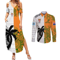 Custom Fiji And Australia Rugby Couples Matching Summer Maxi Dress and Long Sleeve Button Shirts 2023 World Cup Aboriginal Mix Tapa Pattern LT14 Gold - Polynesian Pride