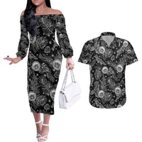 Hawaii Christmas Couples Matching Off The Shoulder Long Sleeve Dress and Hawaiian Shirt Tropical Style With Coat Of Arms LT14 Black - Polynesian Pride