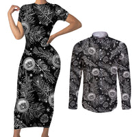 Hawaii Christmas Couples Matching Short Sleeve Bodycon Dress and Long Sleeve Button Shirt Tropical Style With Coat Of Arms LT14 Black - Polynesian Pride